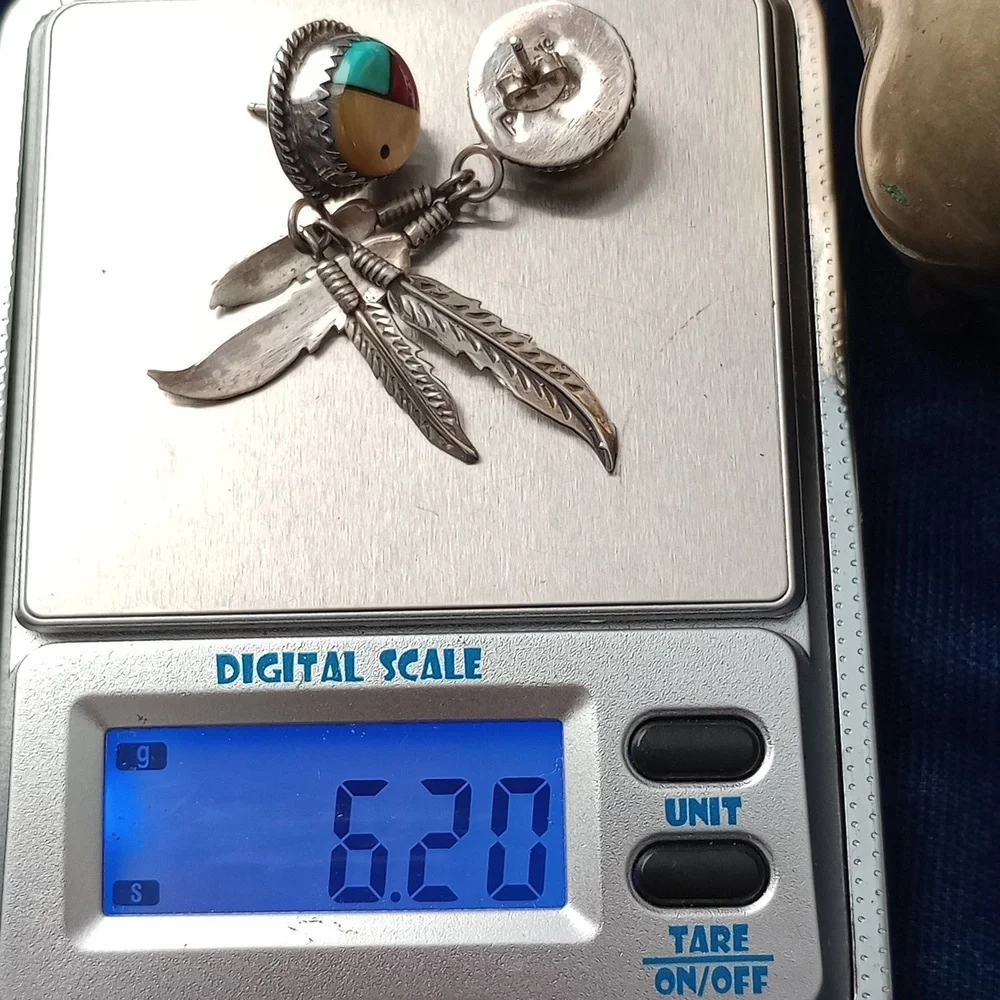 Sterling Silver Feather Earrings with SunFace Multicolor Inlay Studs Signed PH - Picture 12 of 15